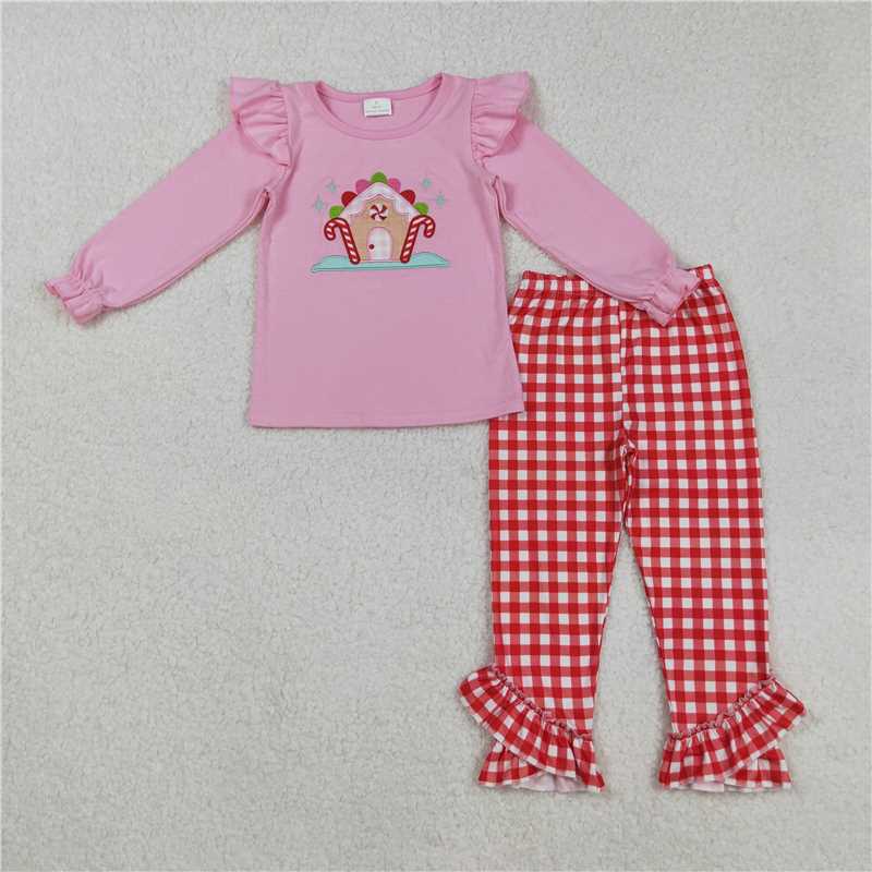 X916 GLP2523 Embroidered Christmas Candy Cane House Pink Long-Sleeve Red Plaid Pants Set