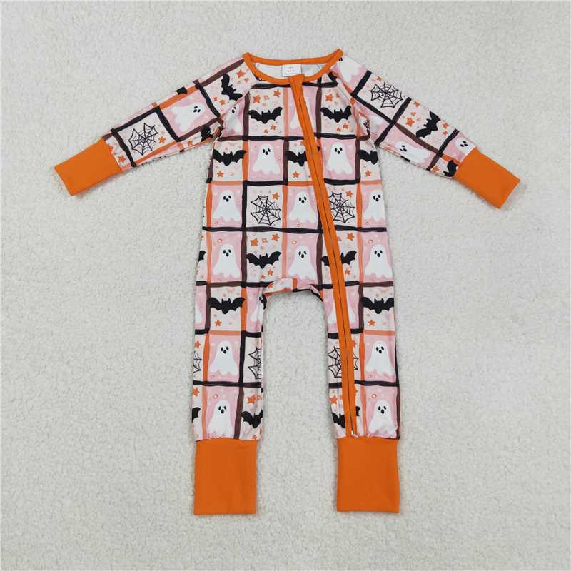 X830 LR2539 Halloween Ghost Bat Spider Mesh Pink and Orange Zipper Long Sleeve Bodysuit