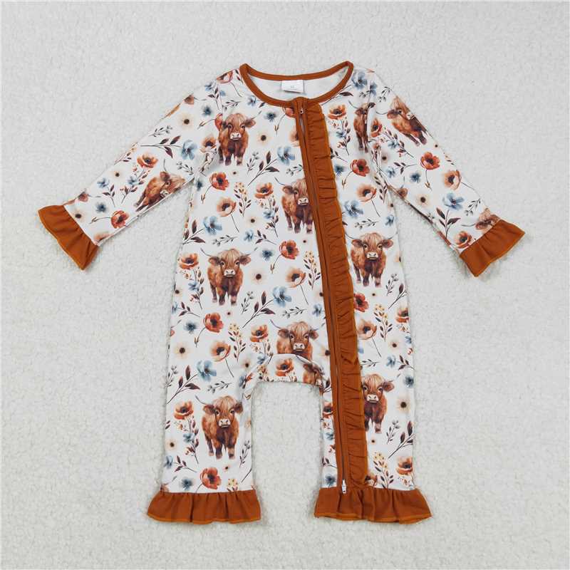 X901 LR1624 Beige zip-up long-sleeved jumpsuit with brown lace and alpine bull head flowers
