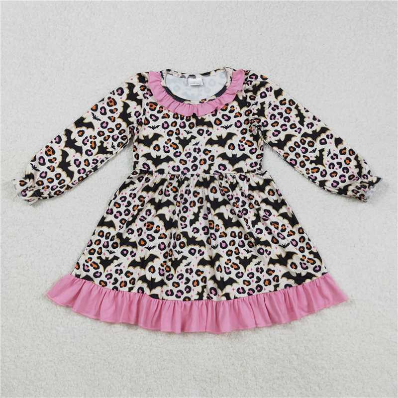 X901 GLD1224 Halloween Bat Leopard Print Pink Lace Long Sleeve Dress