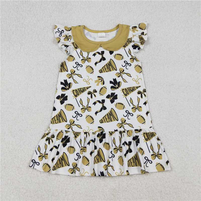 X926 GSD2788 Football flared bow pattern gold baby doll collar dress with flying sleeves