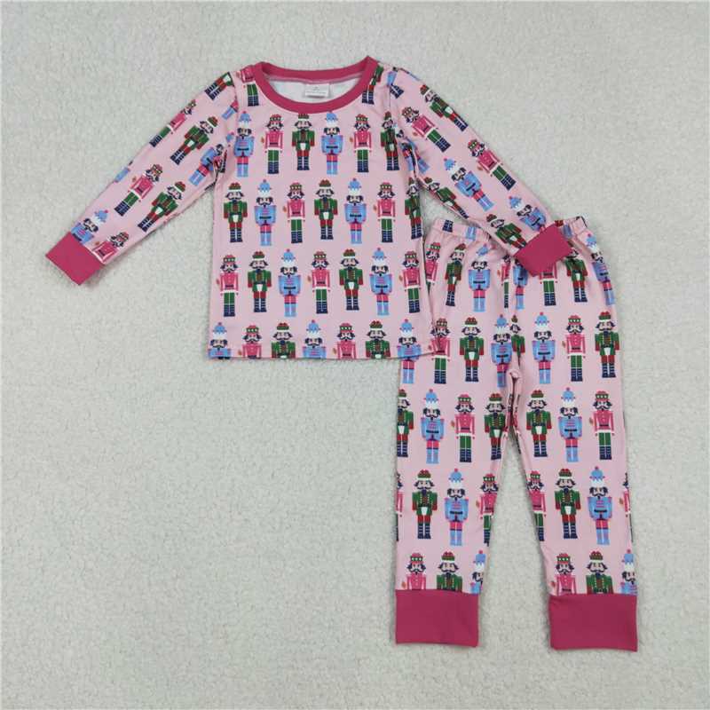 X108 GLP2808 Pink plaid long-sleeved trousers pajama set with a Nutcracker bow pattern