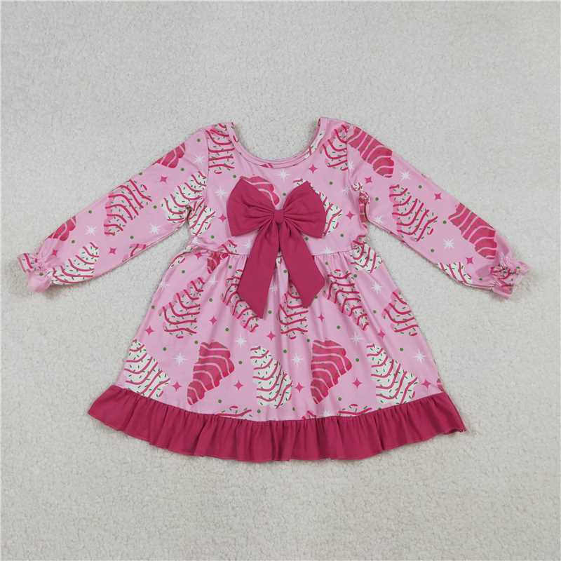 X107 GLD1276 Pink long-sleeved dress with a Christmas tree pattern and rose-red bow lace