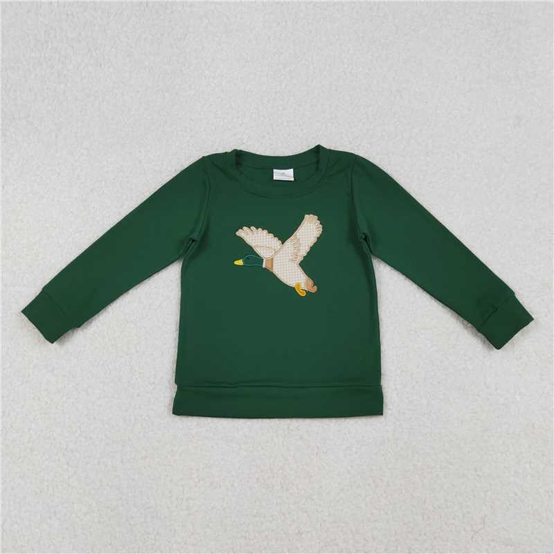 X12.9 BT1334 Embroidered Duck Pattern Dark Green Long-Sleeved Top