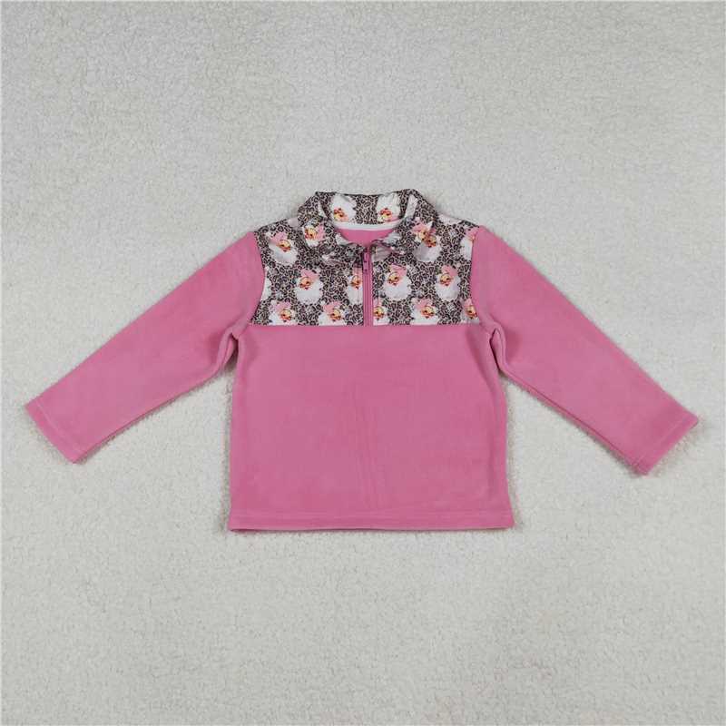 X107 GT1151 Santa Claus leopard print pink plush zip-up long-sleeved top