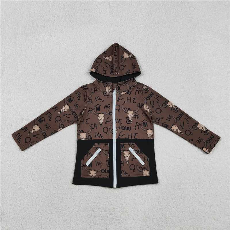 X11.11BT1337 Character Mountain Bull Head Brown Pocket Zipper Hooded Long-Sleeve Top