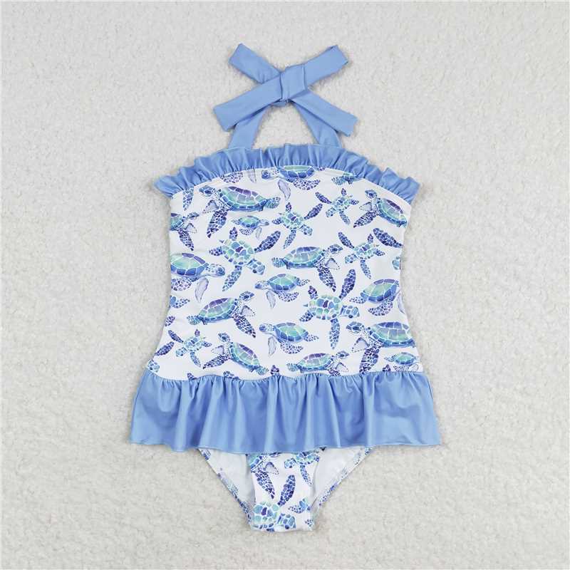 S0430 Turtle blue lace white one-piece swimsuit
