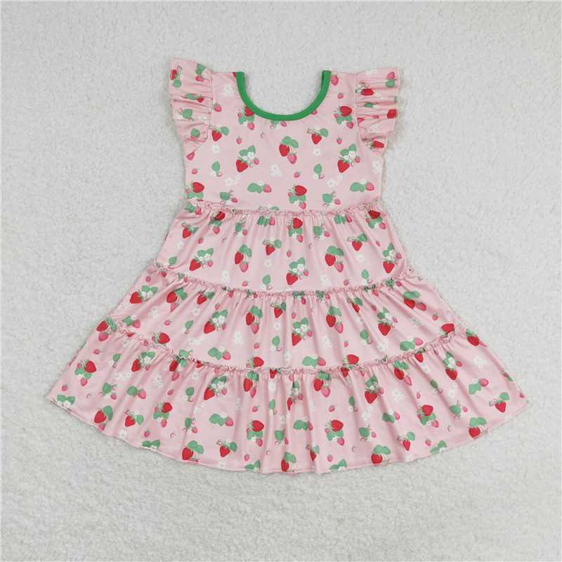 GSD1087 Flower strawberry pink flying sleeve dress