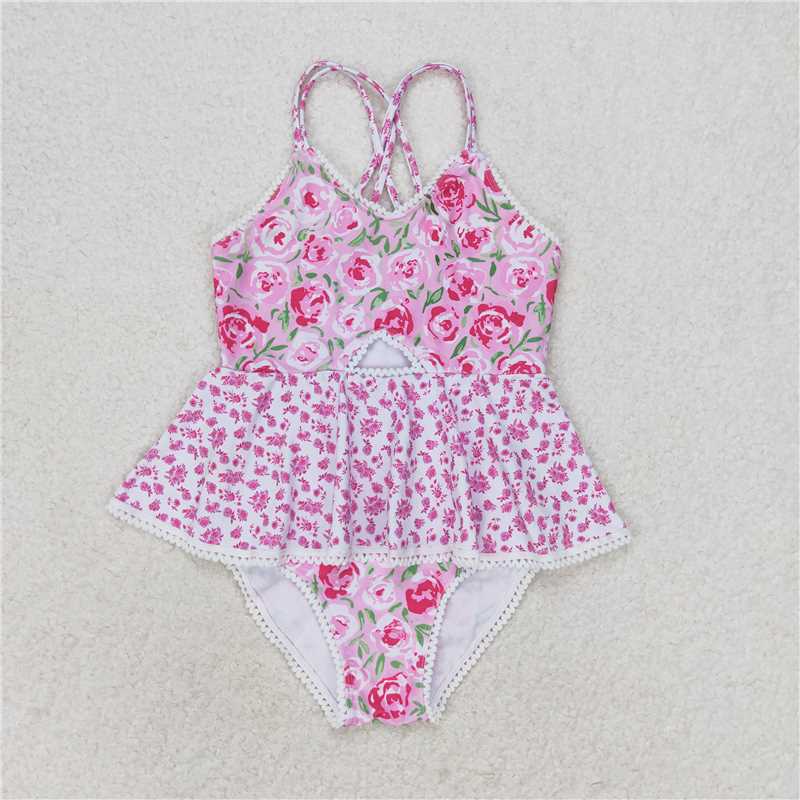 4.24S0247 Pink and white suspender one-piece swimsuit with floral lace