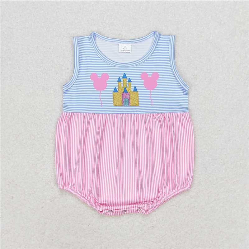 SR1410 Mickey Balloon Castle Pink and Blue Striped Sleeveless Bodysuit
