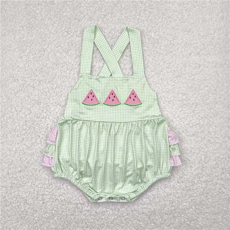 4.11 SR2764 Embroidered Watermelon Pattern Lace Green Plaid Fly Sleeve Vest Bodysuit