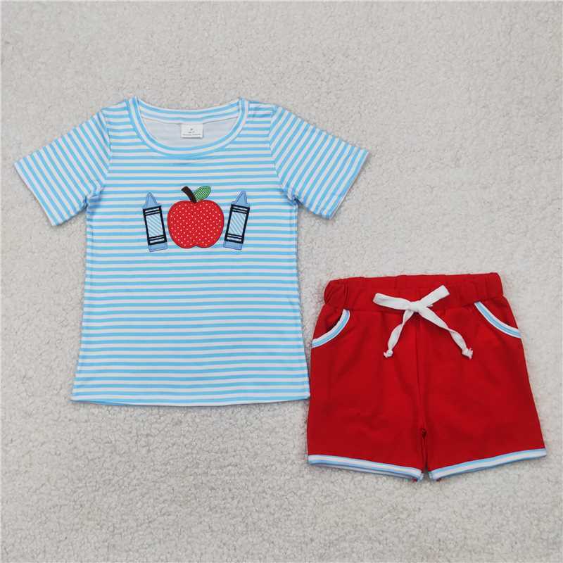4.7 BSSO1328 Embroidery Back to School Apple Crayon Blue Stripe Short Sleeve Red Suit