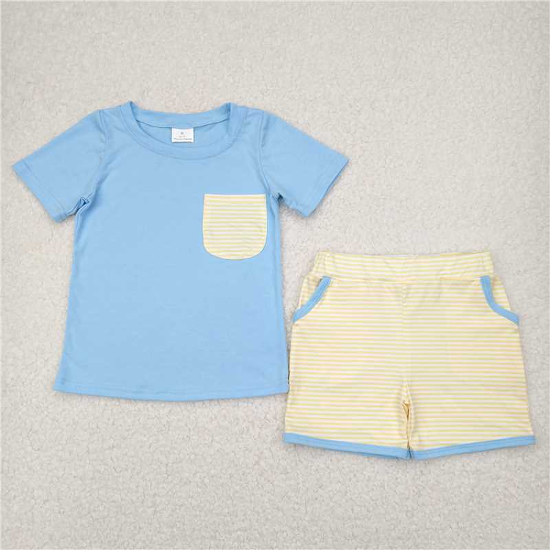 4.7 BSSO1393 Yellow-green striped pocket blue short-sleeved shorts set