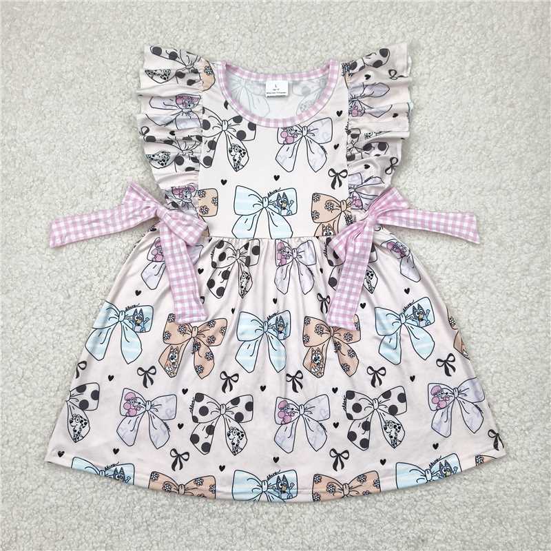 4.14 GSD1640 bluey pink plaid bow pattern flying sleeve dress
