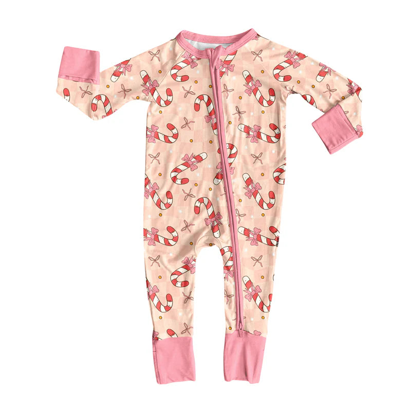 7.15Preorder (moq 5)Baby Girls Pink Long Sleeves Bows Candy Cane Plaid Zipper Romper