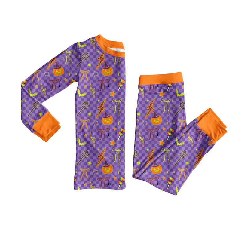 7.10Preorder (moq 5)Baby Boys Long Sleeves Purple Ghost Pumpkins Top Pant Pajamas Clothes Set