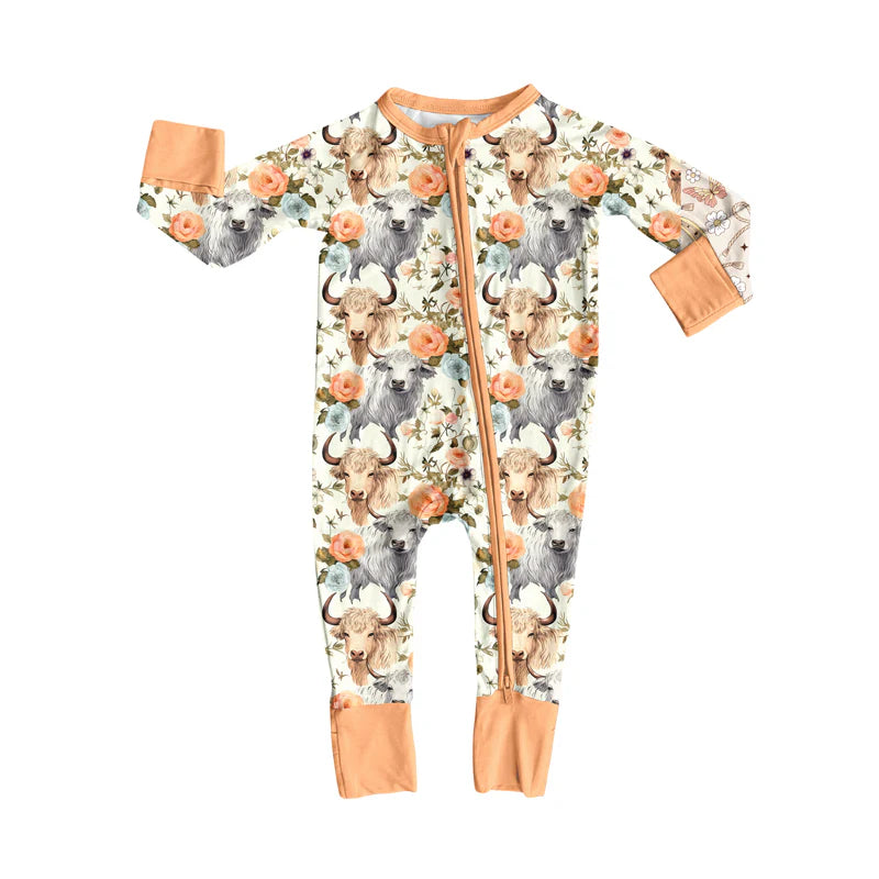 8.6Preorder(moq 5)Baby Infant Boys Long Sleeves Flowers Highland Cows Zipper Rompers