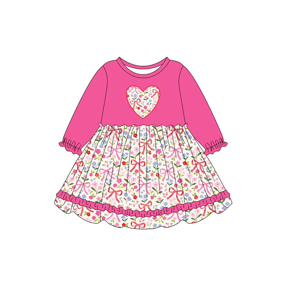 7.19Preorder (moq 5)Baby Girls Pink Long Ruffle Sleeves Bows Flowers Hearts Knee Length Dresses