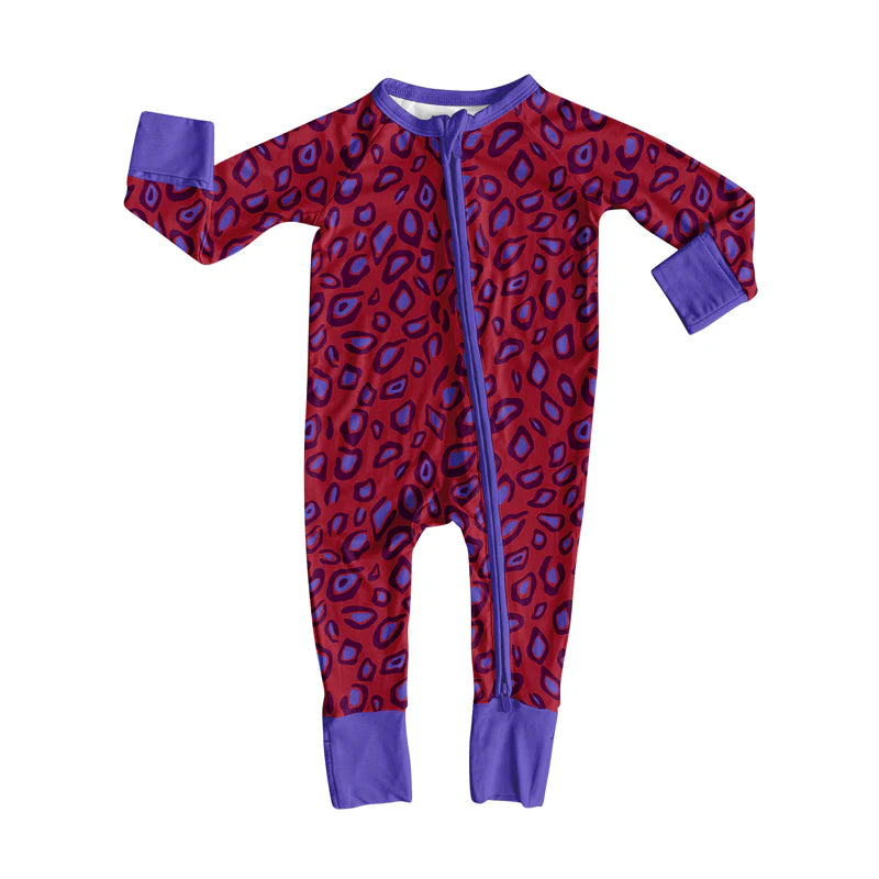 8.11Preorder(moq 5)Baby Girls Wine Leopard Zipper Footie Rompers