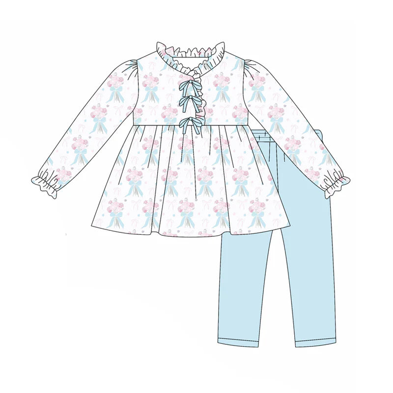 7.31preorder(moq 5) Baby Girls Long Ruffle Sleeves Blue Bows Flowers Plaid Tunic Legging Pants Set