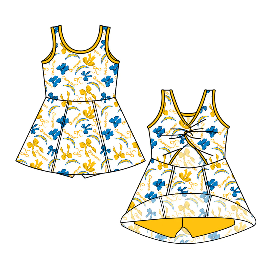 6.30Preorder (moq 5)Baby Girls Sleeveless Chargers Bows Plaid Shorts Ruffle Team Knee Length Dresses