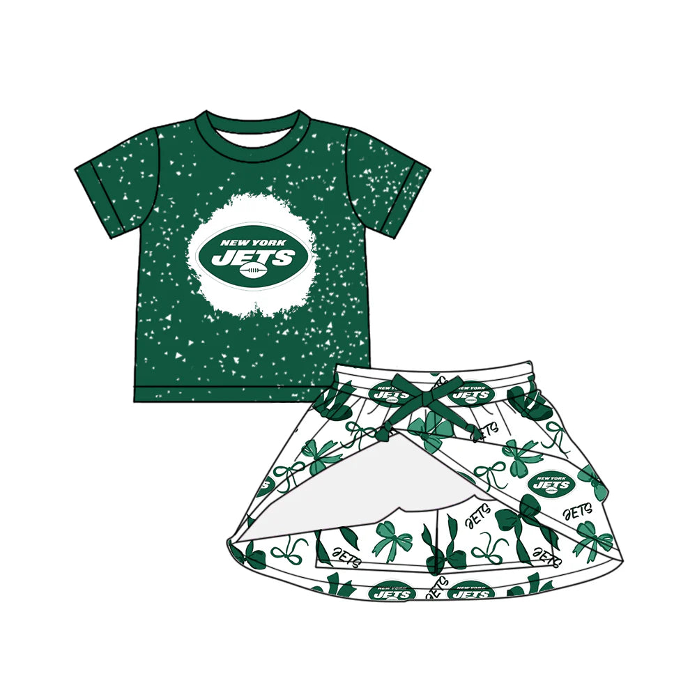 7.2Preorder (moq 5)Baby Girls Green Short Sleeves Jets Top Bows Plaid Skorts Team Set