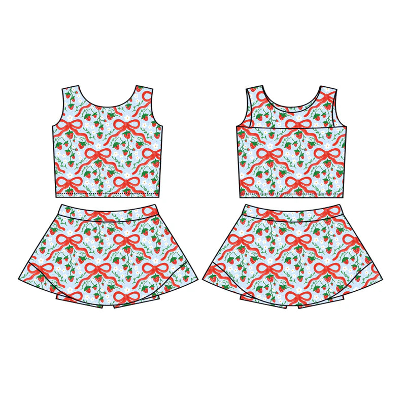 8.2Preorder (moq 5)Baby Girls Red Bows Strawberry Plaid Vest Top Skorts Set