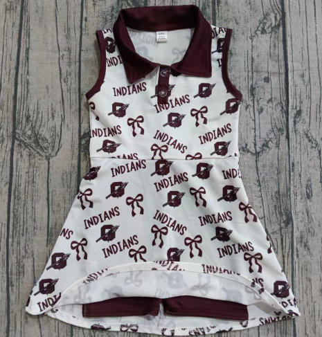 X923Preorder (moq 5)Baby Girls Dark Red Sleeveless Bows Indians Shorts Team Knee Length Dress