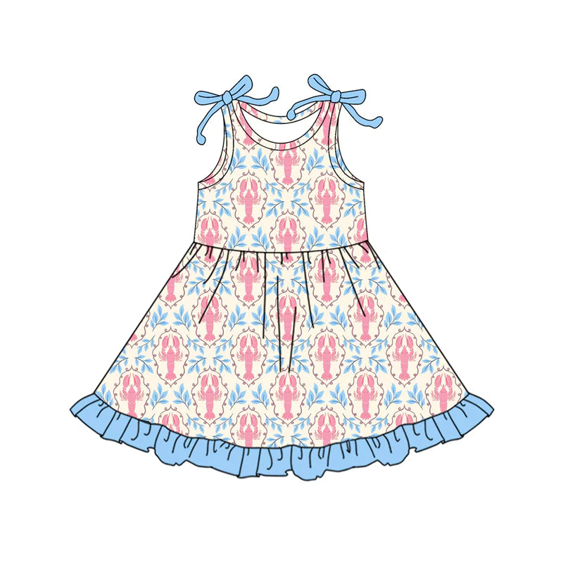 X1.12 Preorder (moq 5)Baby Girls Sleeveless Flowers Crayfishes Checked Ruffle Knee Length Dresses