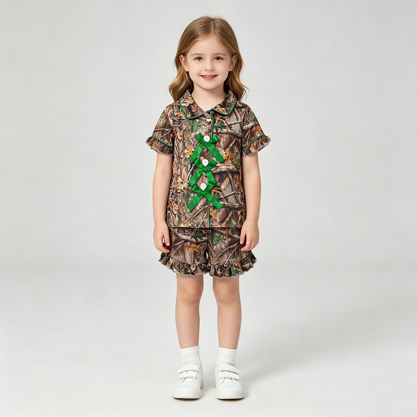 NEW RTS NO MOQ milk silk GSSO3365 Baby Girls Casual Leaf Camo Print Button Top Elastic Waist Ruffle Shorts Hunting Pajama Outfits