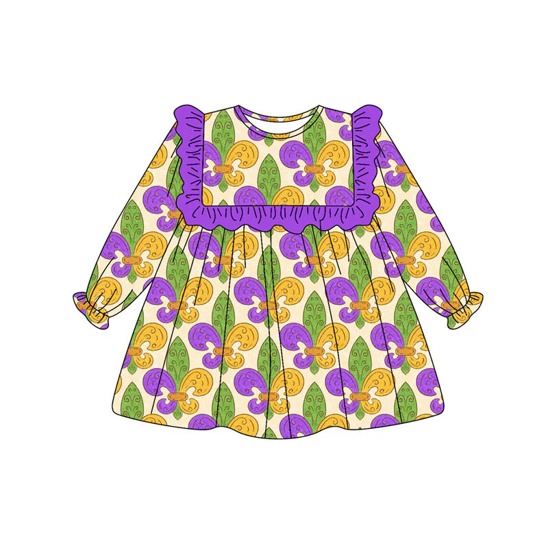 X926Preorder (moq 5)Baby Girls Purple Yellow Green Mardigras Ruffle Sleeve Knee Length Dresses