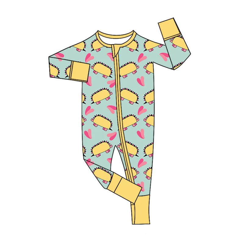 X11.24Preorder (moq 5)Baby Girls Hearts Dinosaurs Valentines Two Way Zip Convertible Rompers