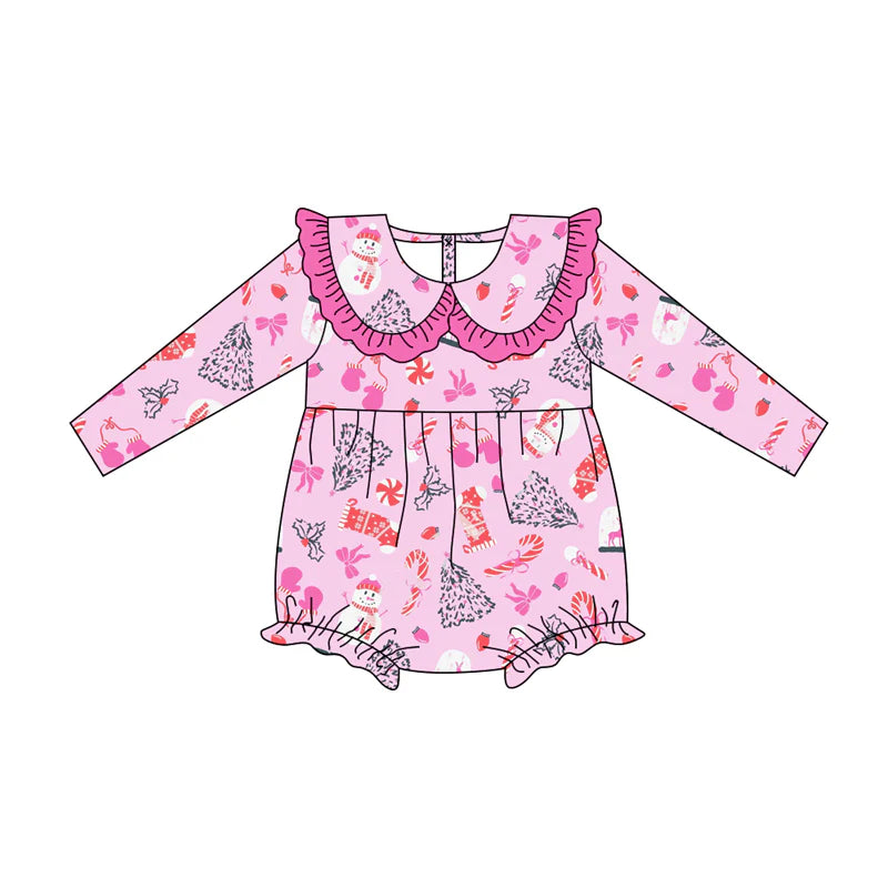 7.12Preorder (moq 5)Baby Girls Pink Long Sleeves Snowman Trees Candy Cane Ruffle Romper