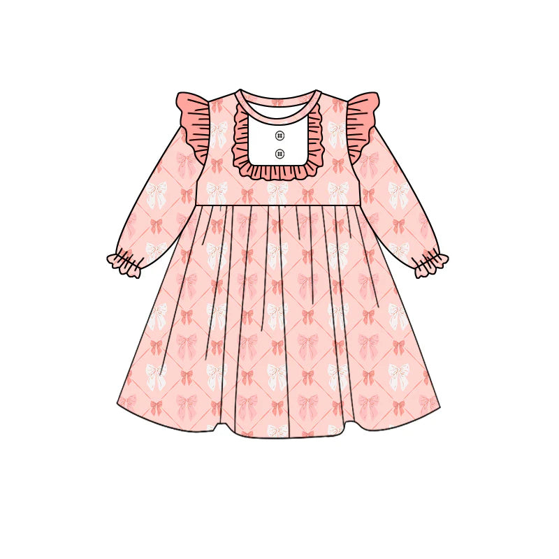 8.13Baby Girls Coral Bows Ruffle Knee Length Dresses