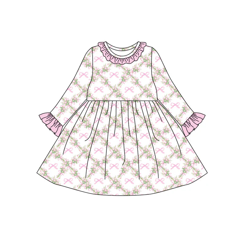 7.31Preorder(moq 5) Baby Girls Long Ruffle Sleeves Pink Bows Flowers Plaid Knee Length Dresses