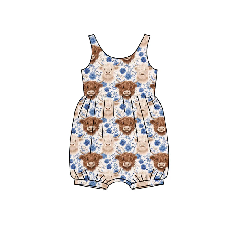 X12.15 Preorder (moq 5)Baby Girls Sleeveless Highland Cows Flowers Western Ruffle Rompers