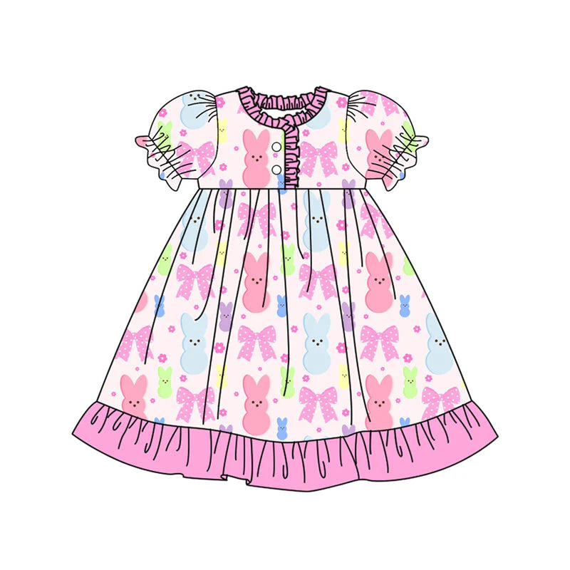 X923Preorder (moq 5)Baby Girls Colorful Flowers Rabbits Easter Button Ruffle Knee Length Dress