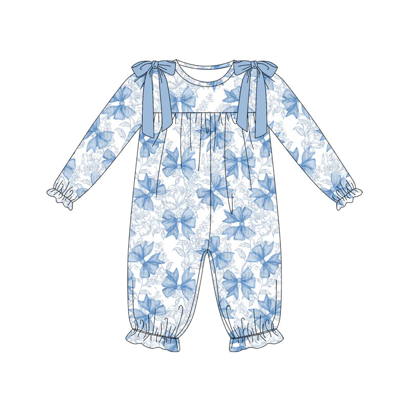 7.12Preorder (moq 5)Baby Girls Long Ruffle Sleeves Blue Flowers Bows Plaid Pant Romper
