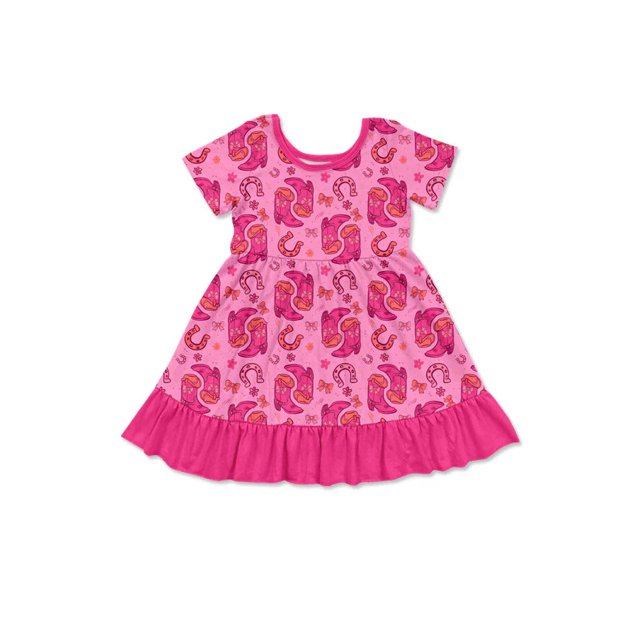 X1.15 Preorder (moq 5)Baby Girls Bow Boots Western Ruffle Knee Length Dresses