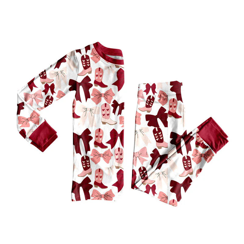 X909Preorder (moq 5)Baby Girls Red Pink Bows Boots Top Pants Valentine Pajamas Sets