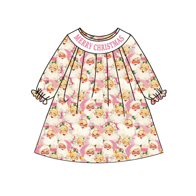 7.10Preorder (moq 5)Baby Girls Long Ruffle Sleeves Pink Merry Christmas Santa Knee Length Dress