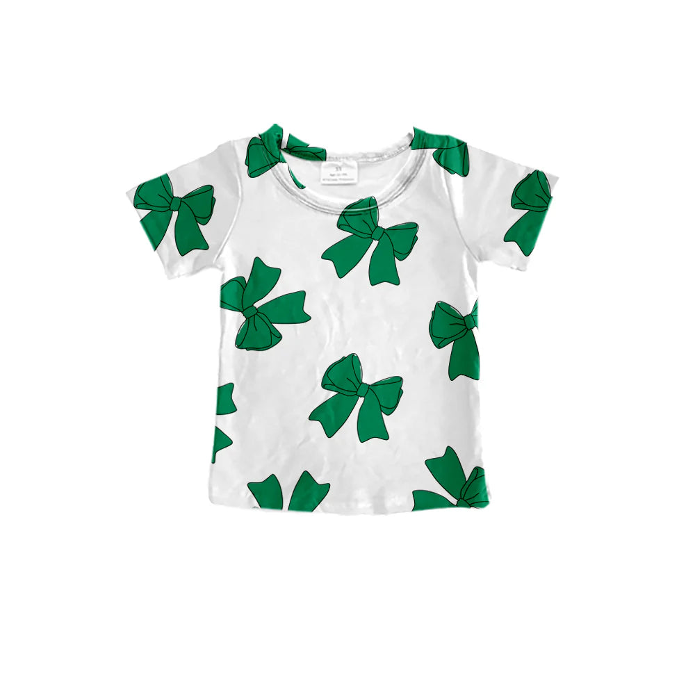 7.30Preorder (moq 5)Baby Girls Green Bows Short Sleeve Tee Shirts Tops