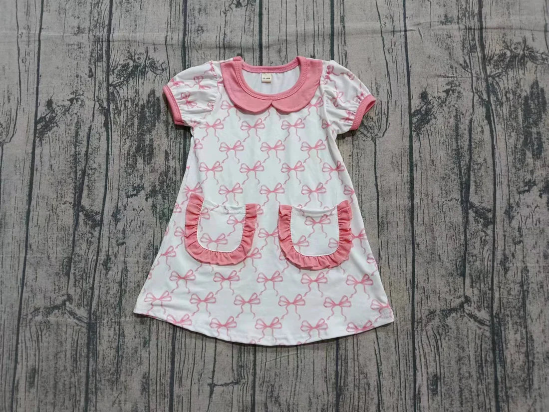 X923Preorder (moq 5)Baby Girls Short Ruffle Sleeve Pink Bows Checked Pockets Knee Length Dress