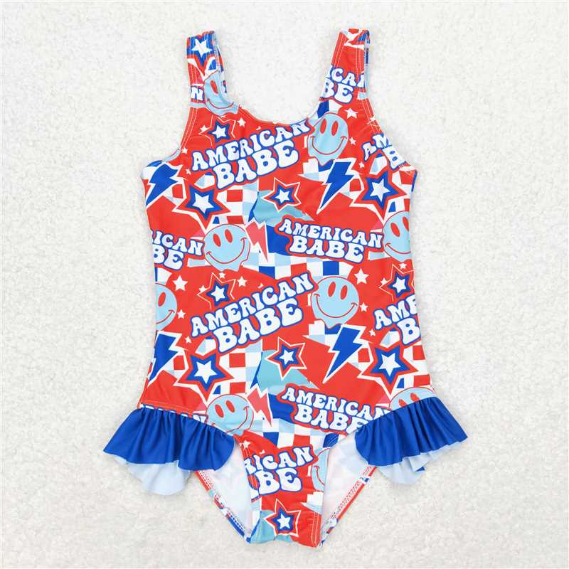 S0214 American babe smiley face star plaid blue lace one-piece swimsuit