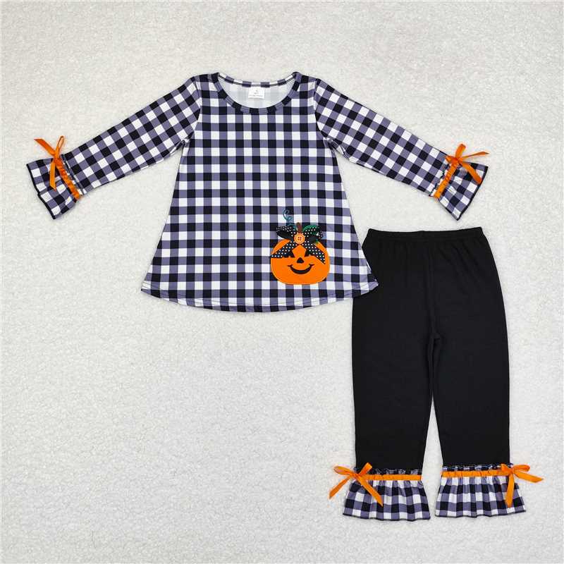 7.24 GLP1674 Embroidered pumpkin pattern black and white plaid bow long sleeve trousers suit