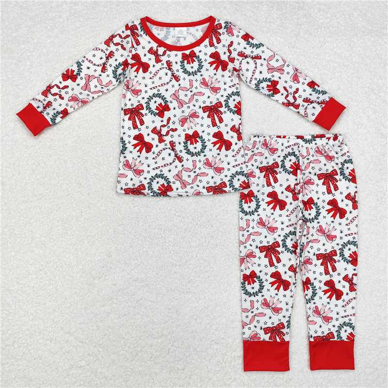 GLP1879 Modal Christmas star wreath bow pattern red and white long-sleeved long pants pajamas set