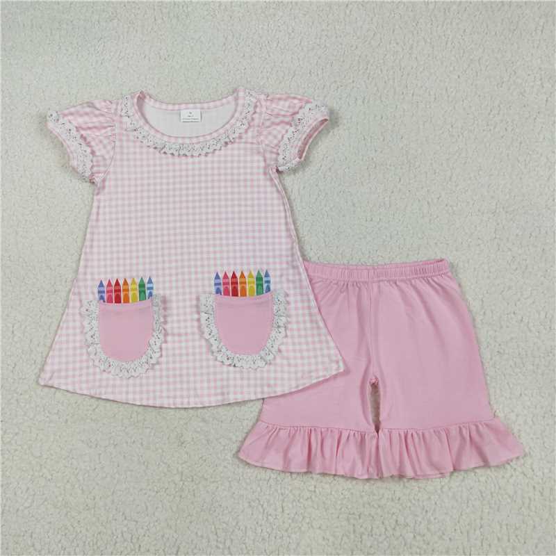 5.22 GSSO2388 Back to School Crayon Pocket Pink Plaid Short Sleeve Shorts Set