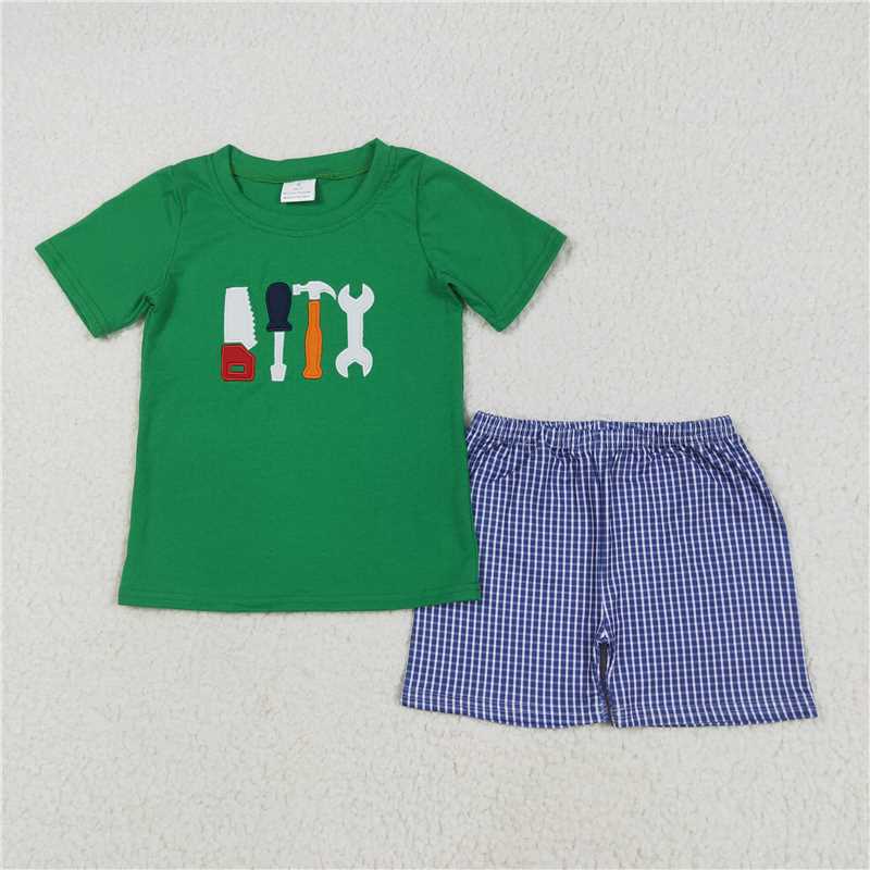 5.19 BSSO1066 Embroidery Tools Green Short Sleeve Blue Plaid Shorts Set