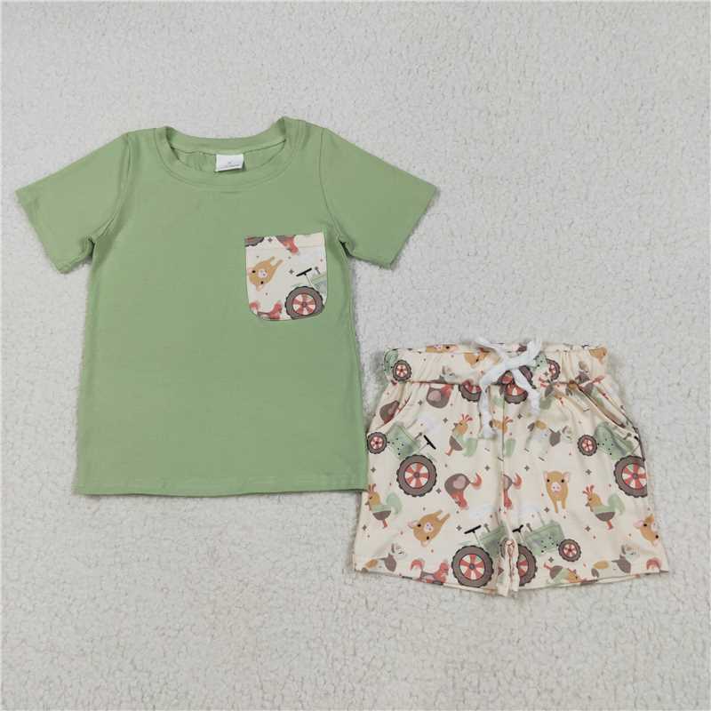 5.30 BSSO1460 Farm Animals Tractor Pocket Green Short Sleeve Beige Shorts Set