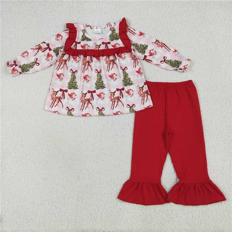 6.23 GLP2419 Santa Claus bow pattern deer red lace pink plaid long sleeve trousers suit